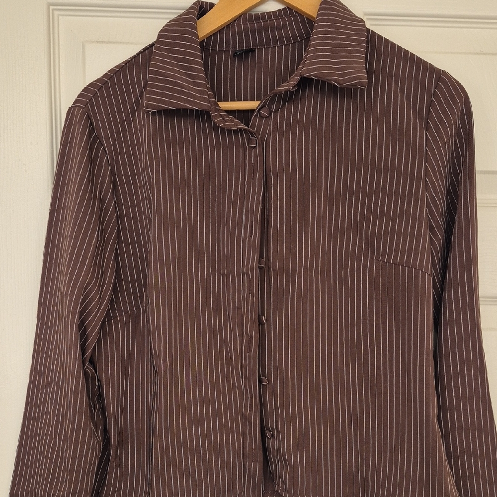 SHEIN Brown Striped Button-Up Blouse